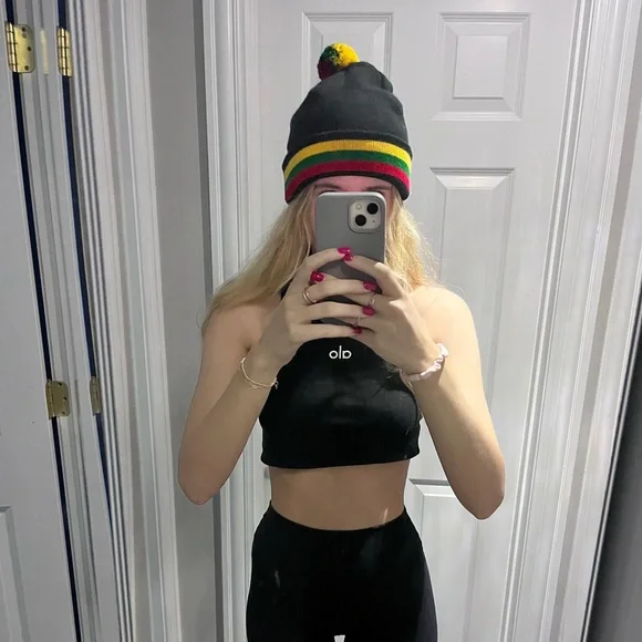 Lithuanian red, green, yellow strip unisex Beanie with Pom-Pom - Picture 5 of 5